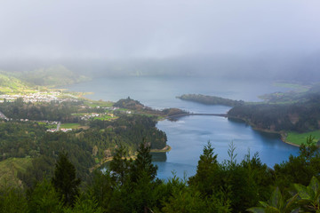 Lagoa Verde and Lagoa Azul on island Sao Miguel, the Azores