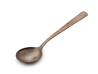 Vintage rusted silverware, old decorated spoon isolated on a whi