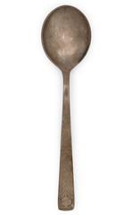 Vintage rusted silverware, old decorated spoon isolated on a whi