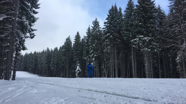 People ride on the track among the trees on ski resort. Winter sport activity. Snowy day. 4K footage.