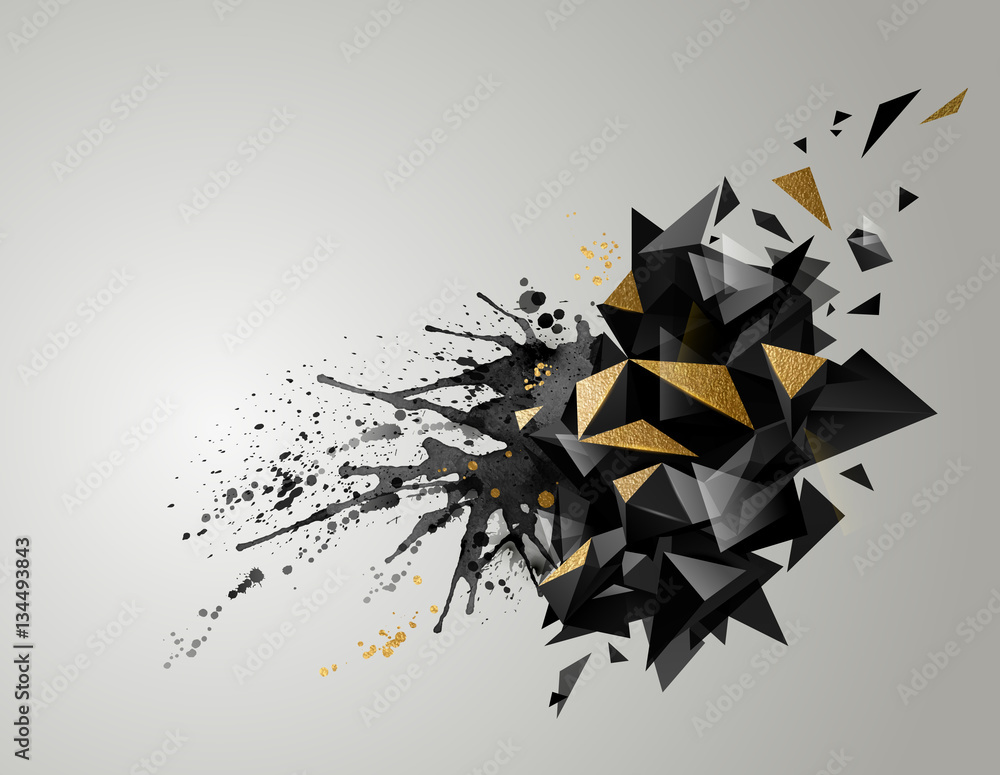 Poster Geometric abstract banner with black color and gold texture. Modern geometric triangulars formed by artistic blots.