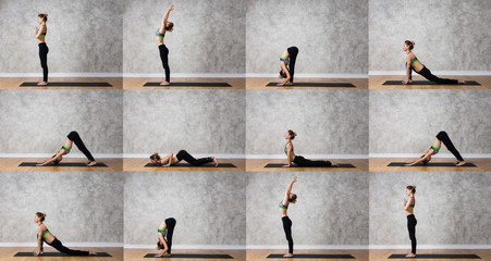 Sun salutation / surya namaskar set against texturized wall / urban background