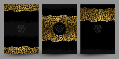 set of three banners with gold texture decoration on the black background.