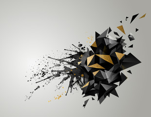 Geometric abstract banner with black color and gold texture. Modern geometric triangulars formed by artistic blots.