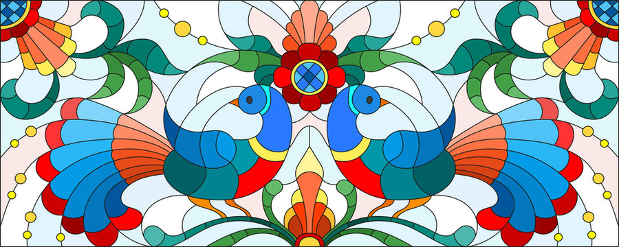 Illustration in stained glass style with a pair of abstract birds , flowers and patterns on a light background , horizontal image