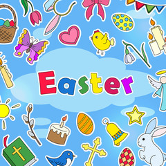 The background image on the Easter theme, simple colored stickers icons on a blue background and the words "Easter"