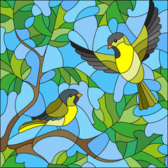 Illustration in stained glass style on the theme of summer, two siskin in the sky and maple leaves