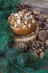 Christmas arrangement of pine, cashew, almond, hazelnuts, peanuts, walnuts, tree branches, cones.  background. A mix  nuts.