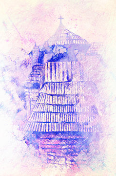 historic wooden belfry in mountain willage, pencil drawing on paper. Watercolor effect.