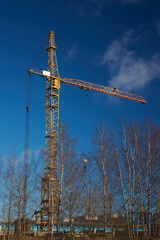 Construction crane against blue sky.