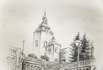 Fototapeta premium church dominant in the old town, pencil drawing on paper.