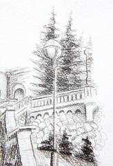 detail of a street lamp in old town, pencil drawing.