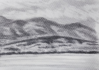 lanscape scenery with lake and mountains, pencil drawing.