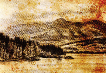 lanscape scenery with lake and mountains, pencil drawing, vintage effect.