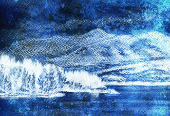 lanscape scenery with lake and mountains, pencil drawing, magical color effect.