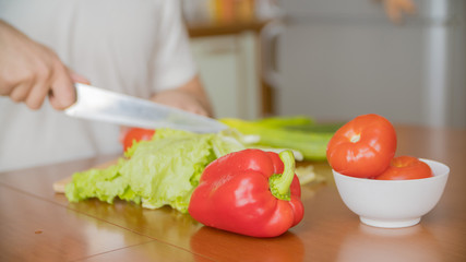 close up hands cook cut vegetables with a knife