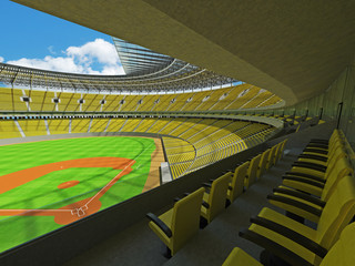 3D render of baseball stadium with yellow seats and VIP boxes