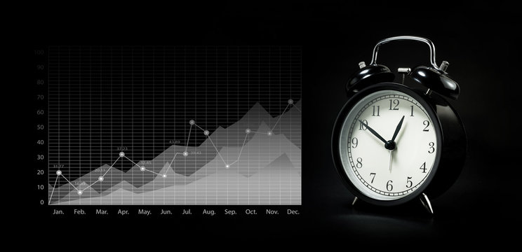 Black retro alarm clock with business graph in dark background.