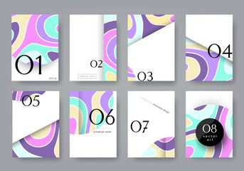 Set universal cards with composition of rounded shapes. Flat creative minimalist design. Template for posters, brochures, flyers, placards, book covers, presentations, invitation. Isolated. A4 size