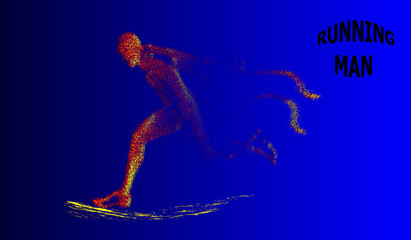 Runner of the particles. The man runs and the wind out of him pulling out pieces in the shape of a circle on blue background. Vector illustration.