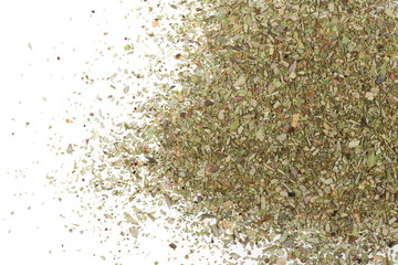  Pile of dried oregano leaves isolated on white background