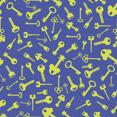 Yellow Silhouettes of Key Isolated on Blue Background. Seamless Gold Keys Pattern