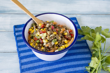 Delicious salad of lentils, vegetables and seafood