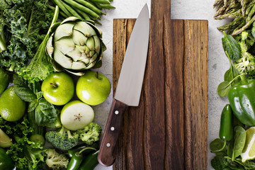 Variety of green vegetables and fruits