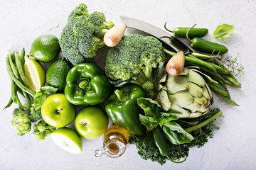 Variety of green vegetables and fruits