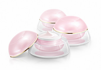 Several pink dome cosmetic jar on white background