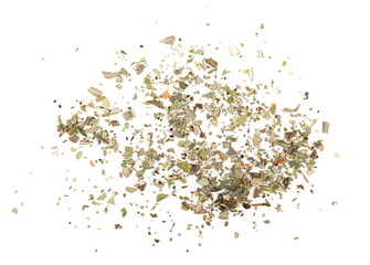 Pile of dried oregano leaves isolated on white background