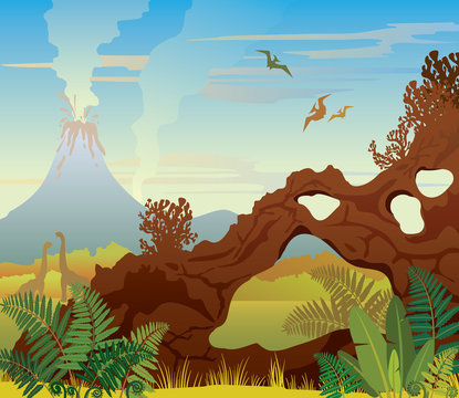 Prehistoric landscape. Arch, volcano and fern.