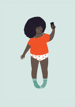Illustration of woman taking selfie in pajamas