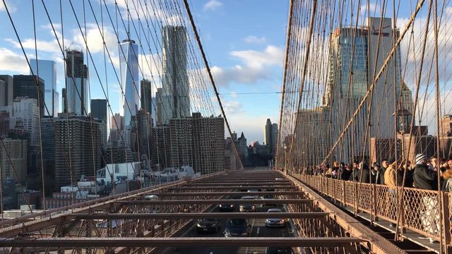 Amazing skyline view of New York from Brooklyn Bridge, 4K