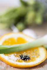Orangenscheibe mit Lauchzwiebel