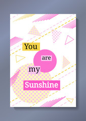 Valentine's day greeting card in trendy 80s-90s memphis style with geometric patterns and shapes. Vector illustration with lettering and colorful background