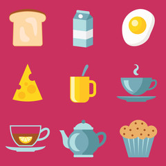 Set of breakfast food flat icons isolated on pink background. Milk, egg, bread, cheese, cup of tea, cupcake vector illustratuion