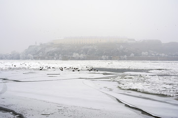 Winter time on frozen Danube River near Novi Sad, Serbia