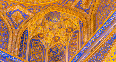 Gold mosaic dome in Tilya Kori Madrasah, Samarkand, Uzbekista