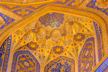 Gold mosaic dome in Tilya Kori Madrasah, Samarkand, Uzbekista