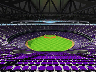 3D render of baseball stadium with purple seats and VIP boxes