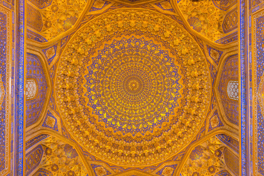 Gold mosaic dome in Tilya Kori Madrasah, Samarkand, Uzbekista
