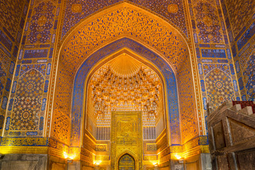 Gold mosaic in Tilya Kori Madrasah, Samarkand, Uzbekista