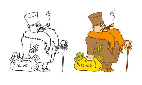 Vector coloring humorous caricature character. The rich millionaire with a cane and  bag of dollars.