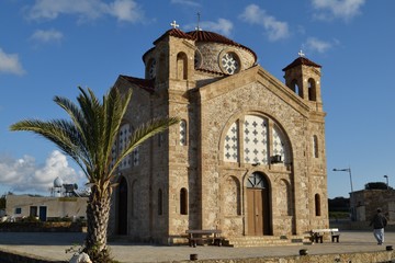 Fototapeta na wymiar Church of St. George on the seashore in Peyia, Cyprus