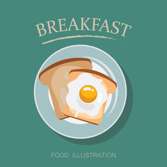 Breakfast table vector  illustration with omelette and toast bread flat style. Top view.