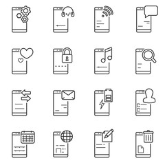 Smartphone, icons set. Mobile phone, thin line design. Application and communication linear symbols collection
