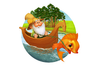 The character of the old fisherman swim on the wood boat with funny goldfish, cartoon illustration.