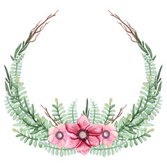 Watercolor Wreath with Bright Pink Flowers and Light Green Leaves