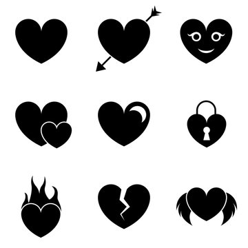 Valentine's day, heart and love icons set. Simple illustration set of 9 heart elements, editable icons, can be used in logo, UI and web design